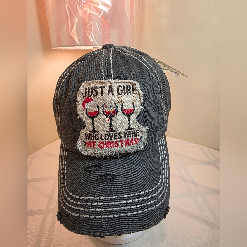 Black Distressed Wine Lovers Baseball Hat. Embroidered. Distressed. NWT